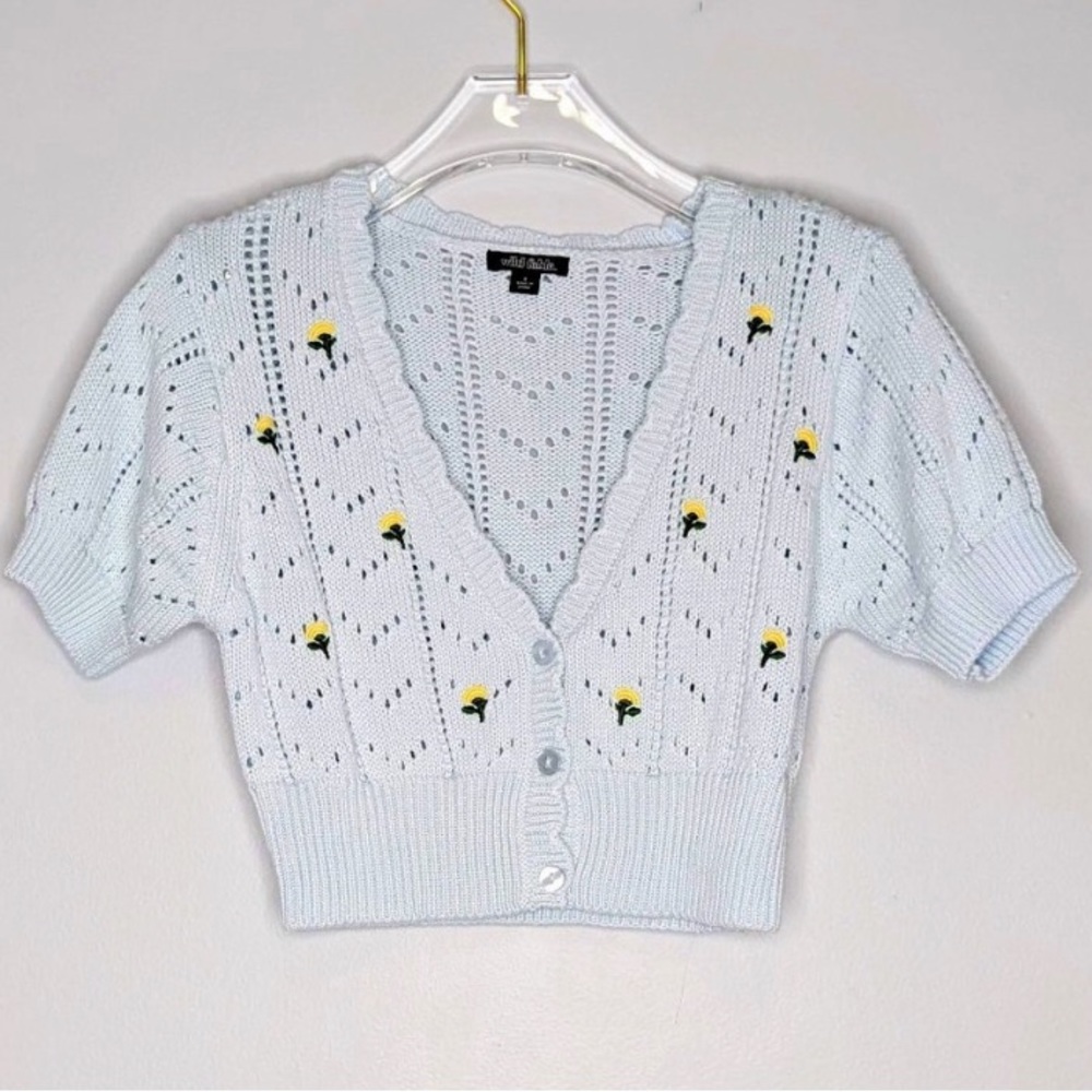 Wild Fable Pastel Blue Short Sleeve Floral Embroidered Cardigan Size XL